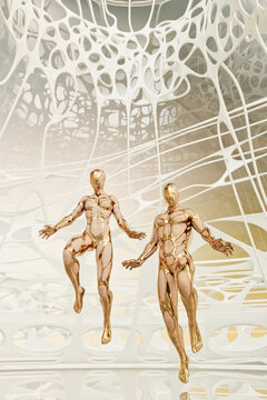 Human forms with futuristic biomechanical suits