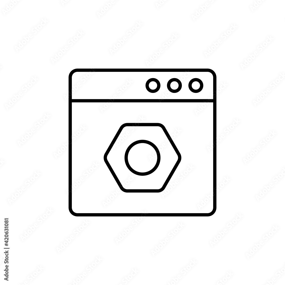 Poster website settings configuration icon. web option icon. gear in window icon.in flat black line style, 