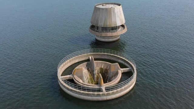 Aerial flyover Draw off tower at Bewl Water Reservoir during summertime, Kent Bewl Water.