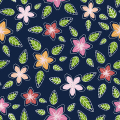 Symmetric pink lilies white outline over dark blue background  contrast unfit colored, seamless pattern