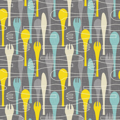 Seamless pattern of forks, spoons and knives. Retro mid century style design with tableware theme. For backgrounds, print and fabric design. Vector illustration. © TeddyandMia