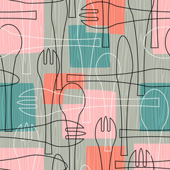 Seamless pattern of forks, spoons and knives. Retro mid century style design with tableware theme. For backgrounds, print and fabric design. Vector illustration.