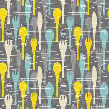 Fototapeta Seamless pattern of forks, spoons and knives. Retro mid century style design with tableware theme. For backgrounds, print and fabric design. Vector illustration.