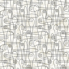Seamless pattern of forks, spoons and knives. Retro mid century style design with tableware theme. For backgrounds, print and fabric design. Vector illustration. - 420632466