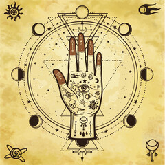 Mysterious background: divine hand, providence eye, sacred geometry, phases of the moon. Background - imitation of old paper. Esoteric, mysticism, occultism. Print, poster, t-shirt, card. Vector.