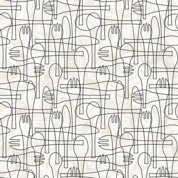 Fototapeta Seamless pattern of forks, spoons and knives. Retro mid century style design with tableware theme. For backgrounds, print and fabric design. Vector illustration.