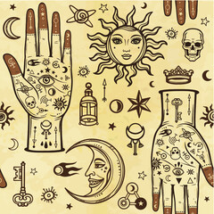 Seamless color pattern: human hands in tattoos, alchemical symbols. Esoteric, mysticism, occultism. A background - imitation of old paper, the book, parchment. Vector illustration.
