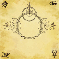 Mystical drawing: circles, triangles, moon, scheme of energy. Sacred geometry. Space symbols. Alchemy, magic, esoteric, occultism. Background - imitation of old paper. Vector illustration.