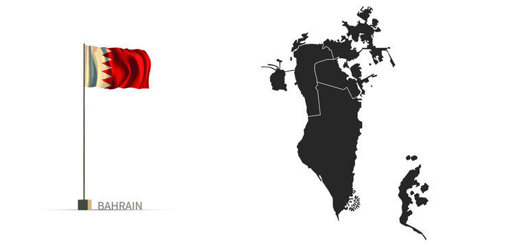 Bahrain map. gray country vector map and flag 3d illustration.