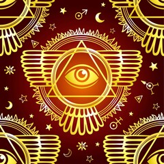 Seamless background: Winged pyramid, all-seeing eye. Space symbols. Esoteric, mysticism, occultism. Gold imitation. Vector illustration.