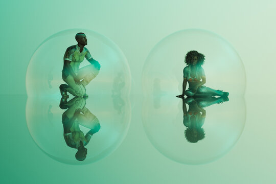 Separation theme, african american man and woman inside transparent spheres, apart