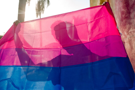 Man's silhouette behind Pride banner