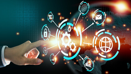 Finger touching setting icon on Virtual digital technology screen, Digital Technology Business concept.