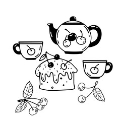 Vector set of doodle objects on an isolated white background. Teapot, cups, berries, cake. The elements are related to the cherry theme.