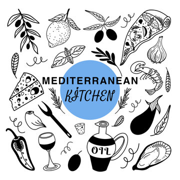 Vector set of doodles isolated elements of Mediterranean cuisine. Italian, European cuisine is a group of ingredients for food preparation.