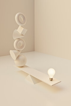 Unreal balance: a smart idea light bulb on seesaw balancing multiple shapes