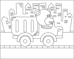 Obraz na płótnie Canvas Vector illustration of contruction vehicle with cute litle animal driver. Cartoon isolated vector illustration, Creative vector Childish design for kids activity colouring book or page.