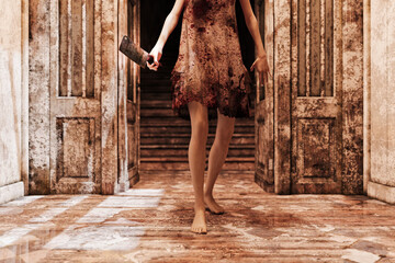 Scary girl with meat cleaver chasing in old hallway
