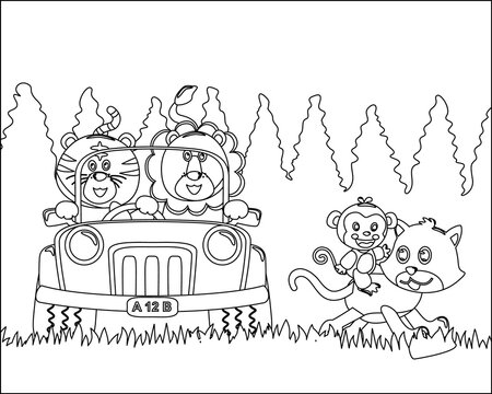 Cute lion and tiger cartoon having fun driving a off road car in mountain on sunny day. Cartoon isolated vector illustration, Creative vector Childish design for kids activity colouring book or page.