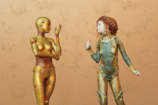 Futuristic fantasy teen girl with female gold cyborg