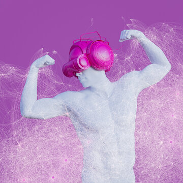Man with Virtual Reality helmet and graphical overlay