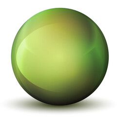 Glass green ball or precious pearl. Glossy realistic ball, 3D abstract vector illustration highlighted on a white background. Big metal bubble with shadow