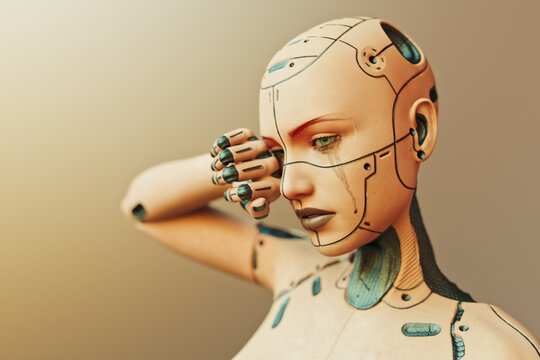 Tearful sad futuristic cyborg woman