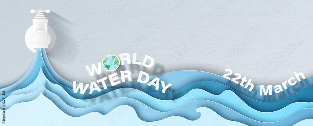 Aufkleber front view of water tap with blue layer of water shape, the day and name of event with space for tex