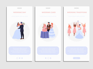 Wedding day onboard screens set. flat vector illustration