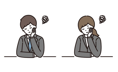 頬杖をついて悩むスーツ姿の若い男性と女性