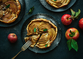 Apple galette on dark background