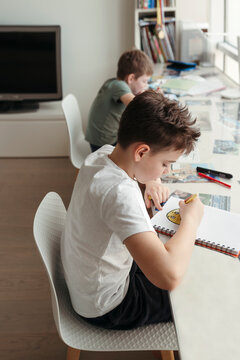 Young brothers do their homework.