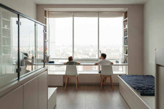 Young brothers do their homework.