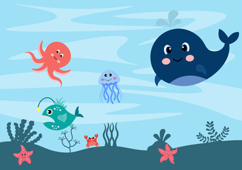 Underwater Scenery and Cute Animal Life in the Sea with Seahorses, Starfish, Octopus, Turtles, Sharks, Fish, Jellyfish, Crabs. Vector Illustration