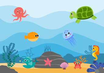Plakat Underwater Scenery and Cute Animal Life in the Sea with Seahorses, Starfish, Octopus, Turtles, Sharks, Fish, Jellyfish, Crabs. Vector Illustration