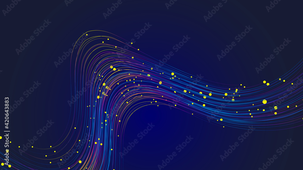 Poster colorful dynamic wavy lines and particle abstract background