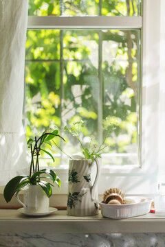 Cut flowers, plant in pot and utensils on kitchen windowsill