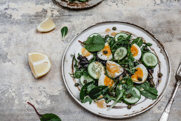 salad with fresh cucumbers, herbs, soft boiled eggs and lemon dressing on ceramic plate, seasonal healthy eating concept, copy space