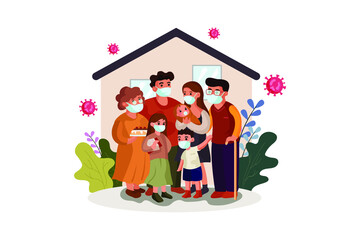 A large family is implementing the policy stay at home and wear masks to prevent virus.