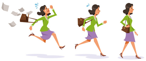 Young businesswoman walking and running. Walk slowly, quick run, run very fast. Vector illustration isolated on white background.