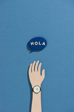 Text Hello, in spain hola. Bubble talk phrases.