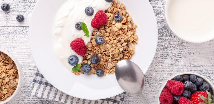 Horizontal banner with homemade granola, yogurt and fresh berries - Image