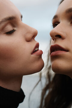 Sensual closeup portrait of two girls