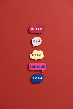 Hello greeting in languages and group of diverse people.