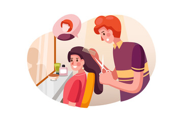 Hair stylist working on haircut for beautiful woman.