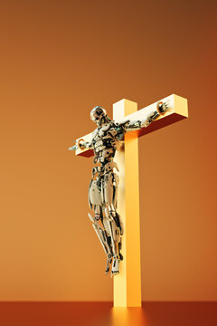 Technology crucifiction, robot on golden cross