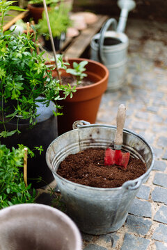 An old shovel on topsoil pile inside a bucket in bright frontyard