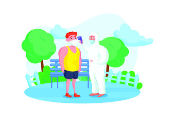 Person in hazmat suit checking the temperature in park