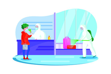 Passenger health check and disinfectant spraying at the airport, passenger wearing mask and the officer wearing hazmat suit