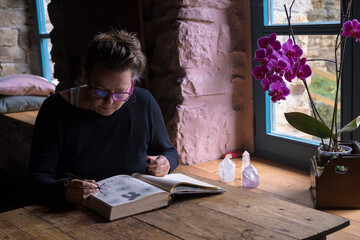 woman drawing, an orchid